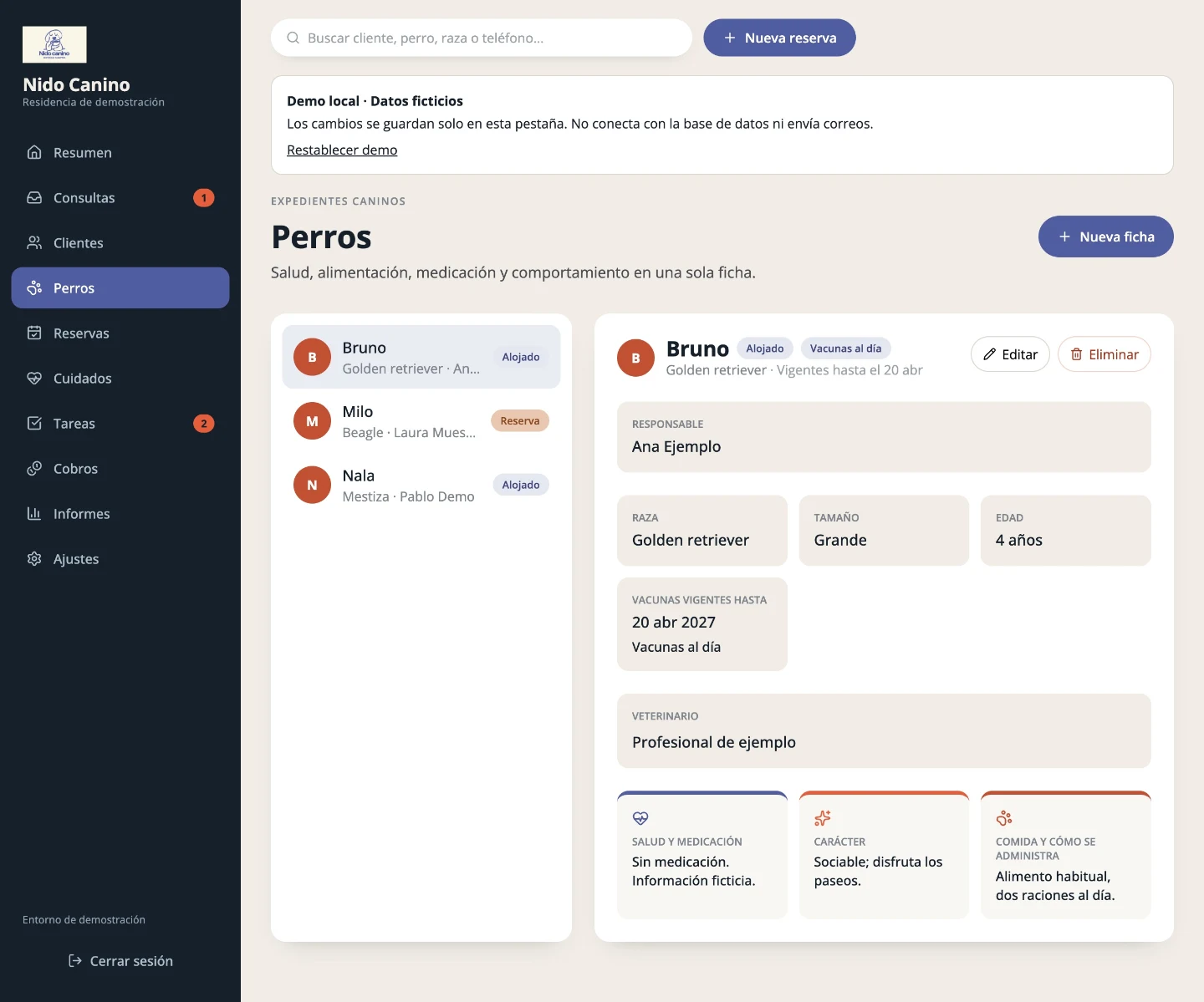Demo de guarderías: ficha de mascota con cuidados, vacunas y responsable