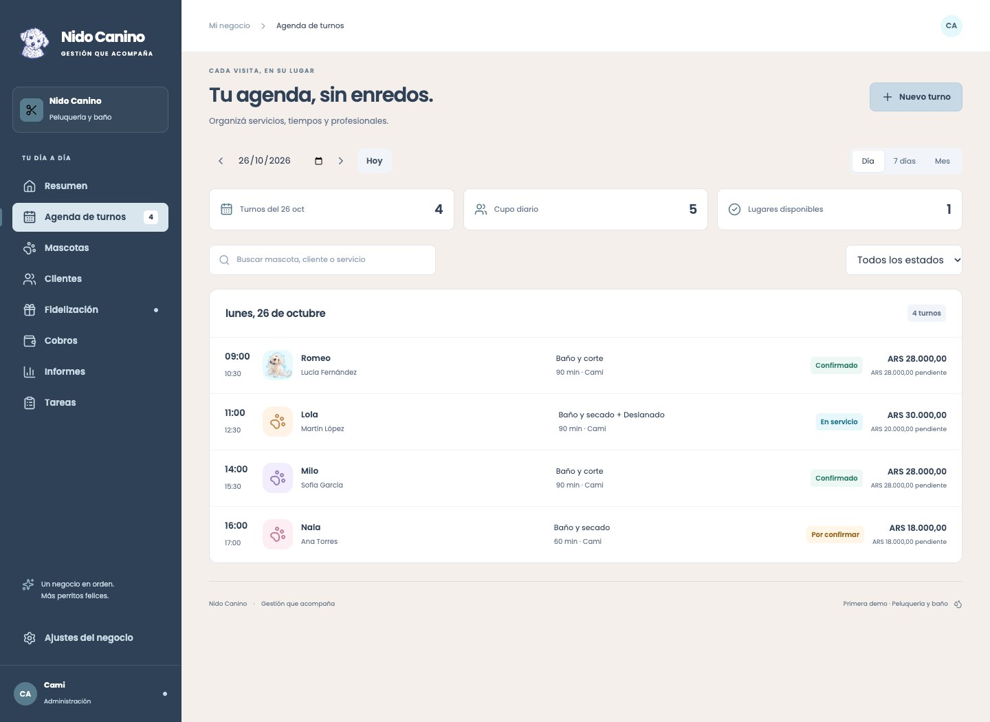 Vista del sistema de peluquería con turnos, horarios y cupos