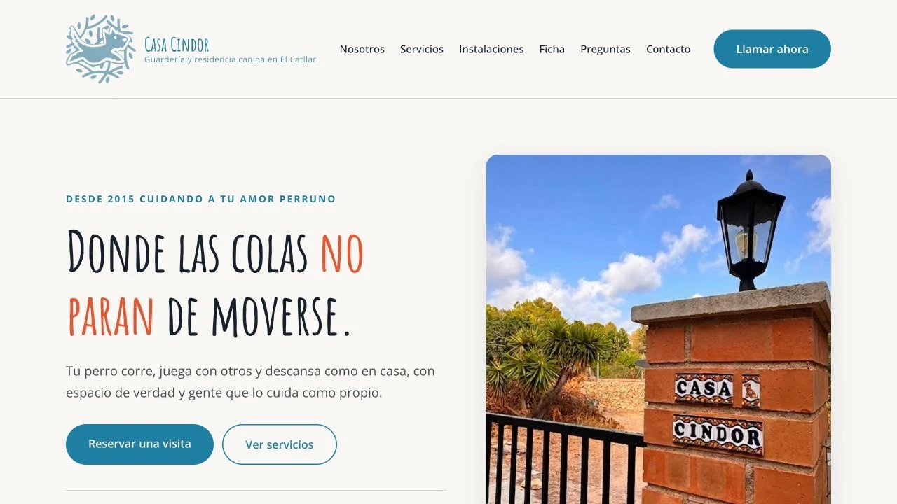 Vista real de la página de inicio de Casa Cindor, un proyecto de diseño y desarrollo web.